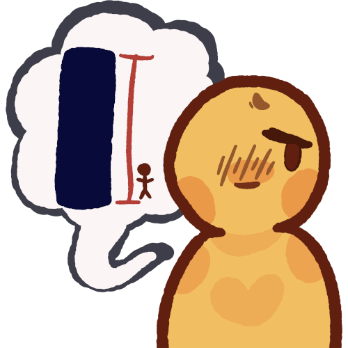 A simple yellow person with a worried/scared expression. A wobbly speech bubble is coming from them, there is a dark blue rectangle drawn to be unreasonably larger than a small figure , a red height scale emphasizes the height